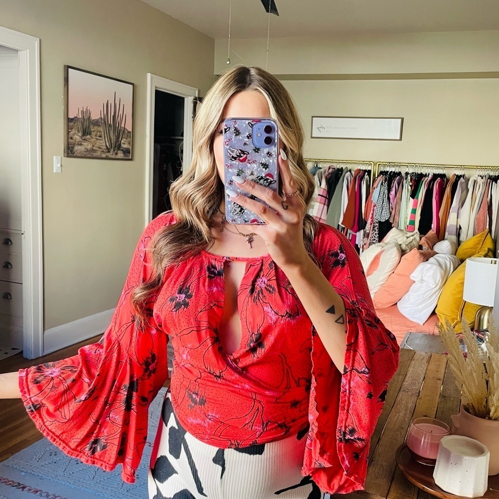 Free People Floral Last Time Bell Sleeve Top